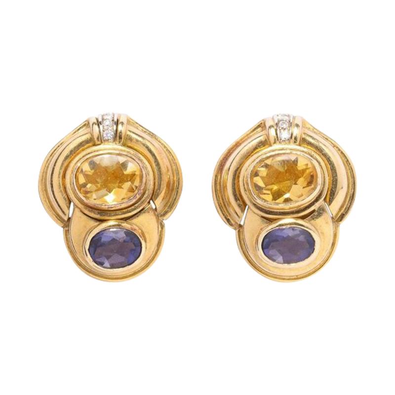 Pair of Citrine Iolite Diamond and 18k Yellow Gold Earrings