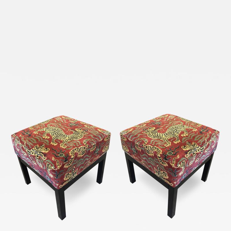 Pair of Classic Square Low Stools in Clarence House Tibet Dragon