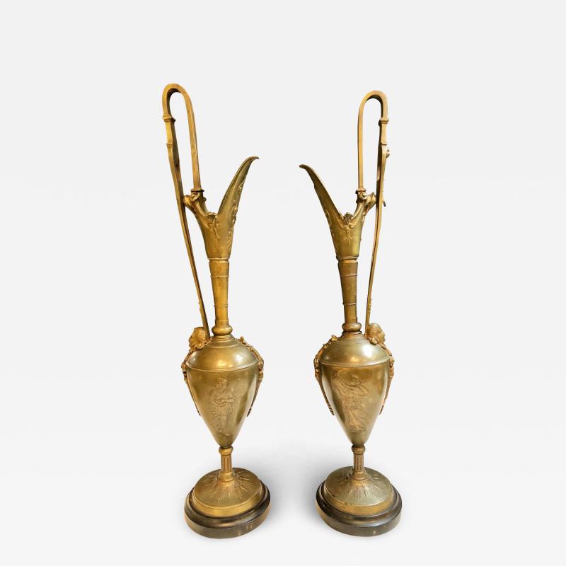 Pair of Classical Figural Bronze Neoclassical Ewers 19th Century