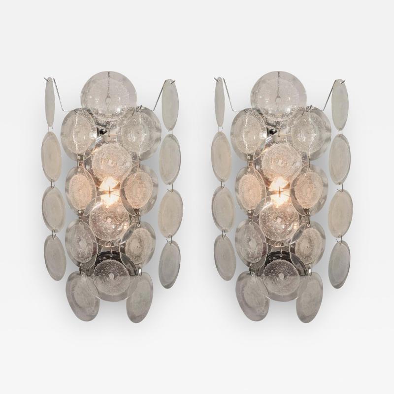 Pair of Clear Pulegoso Murano Glass Disc Sconces