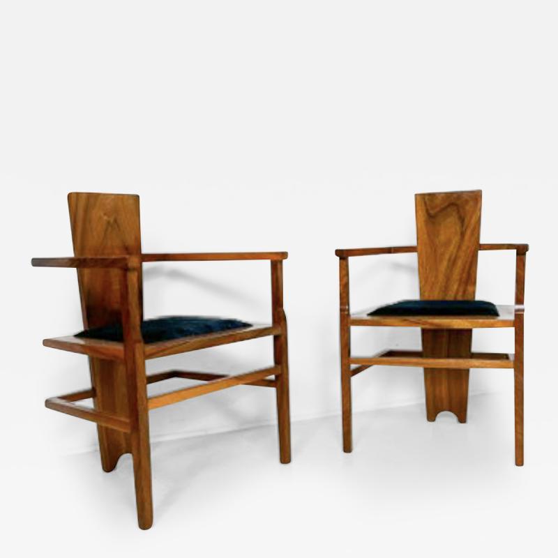 Pair of Constructivist Walnut Armchairs 1940s