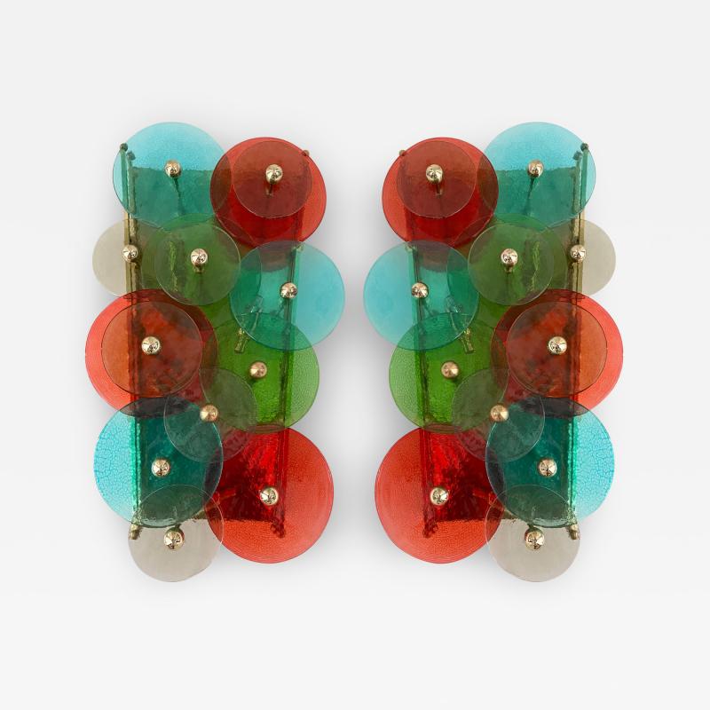 Pair of Contemporary Brass Sconces Water Lily Murano Glass Italy