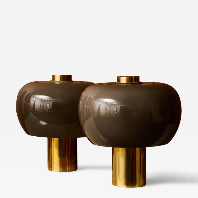Pair of Contemporary Brass and Smoked Glass Table Lamps