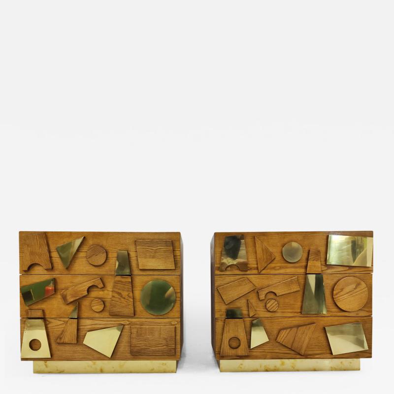 Pair of Contemporary Chest of Drawers in Wood and Brass