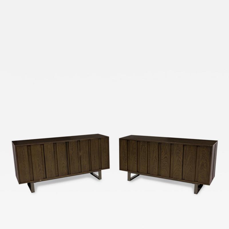 Pair of Contemporary Dark Wood Veneer Three Compartment Sideboards