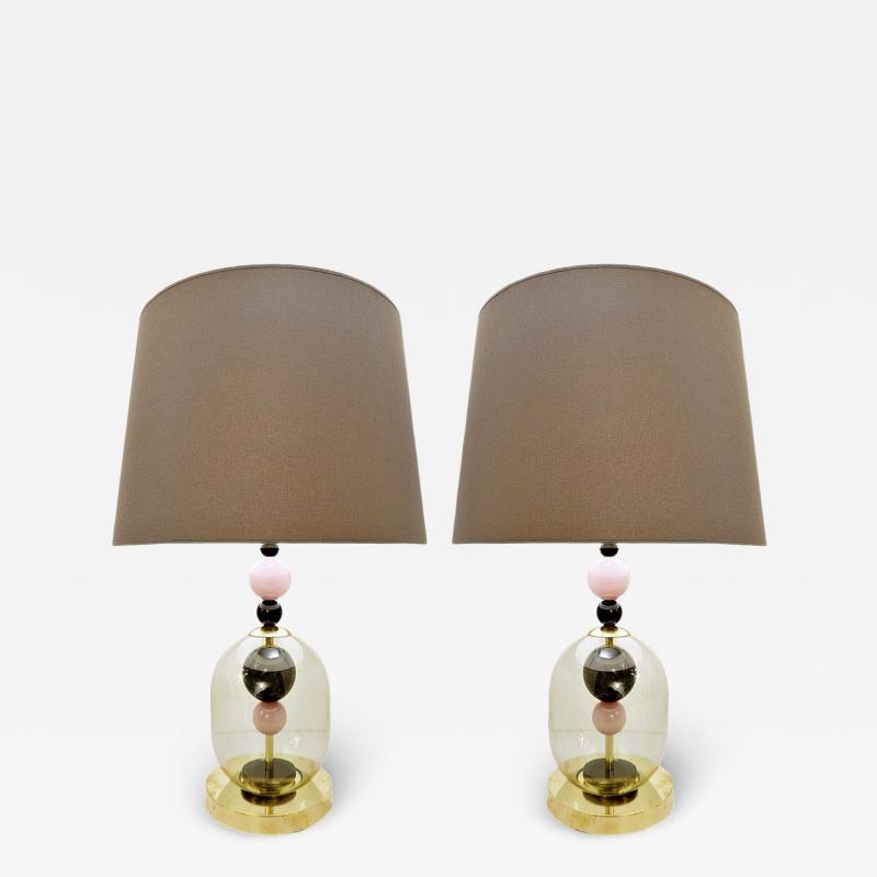 Pair of Contemporary Italian Table Lamps in Smoked Pink Black Glass