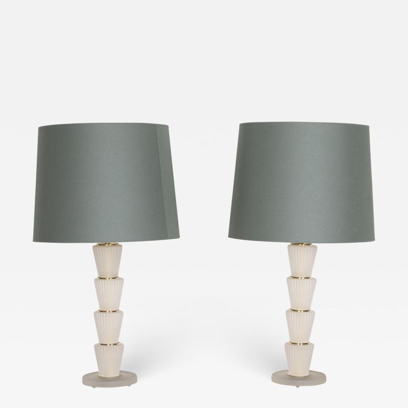 Pair of Contemporary Modern Murano Glass Table Lamps with Green Shades