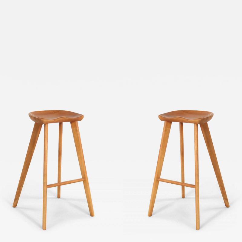 Pair of Contemporary Pine Wood Tractor Seat Style Bar Stools