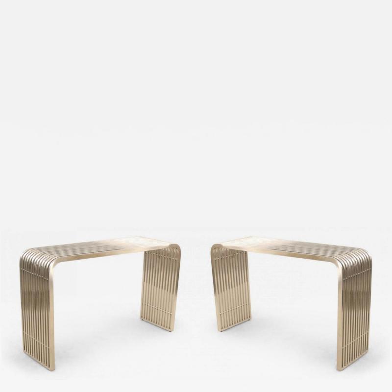 Pair of Contemporary Silver Metal Curved Metal Slat Console Tables