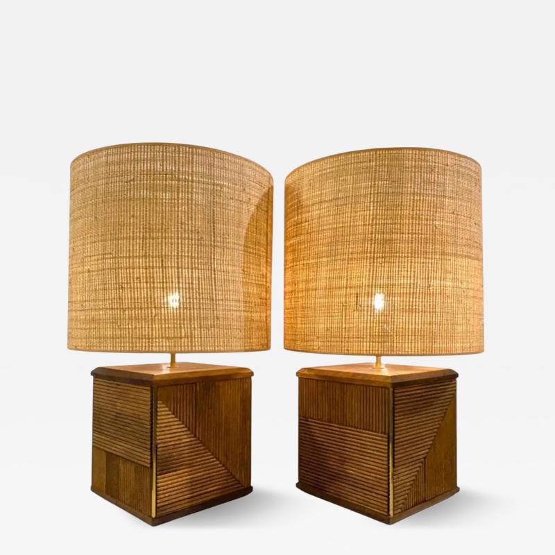 Pair of Contemporary Table Lamps Brass and Wood Italy