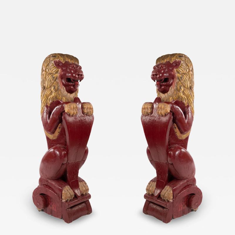 Pair of Continental Dutch Red Painted Pine Lions