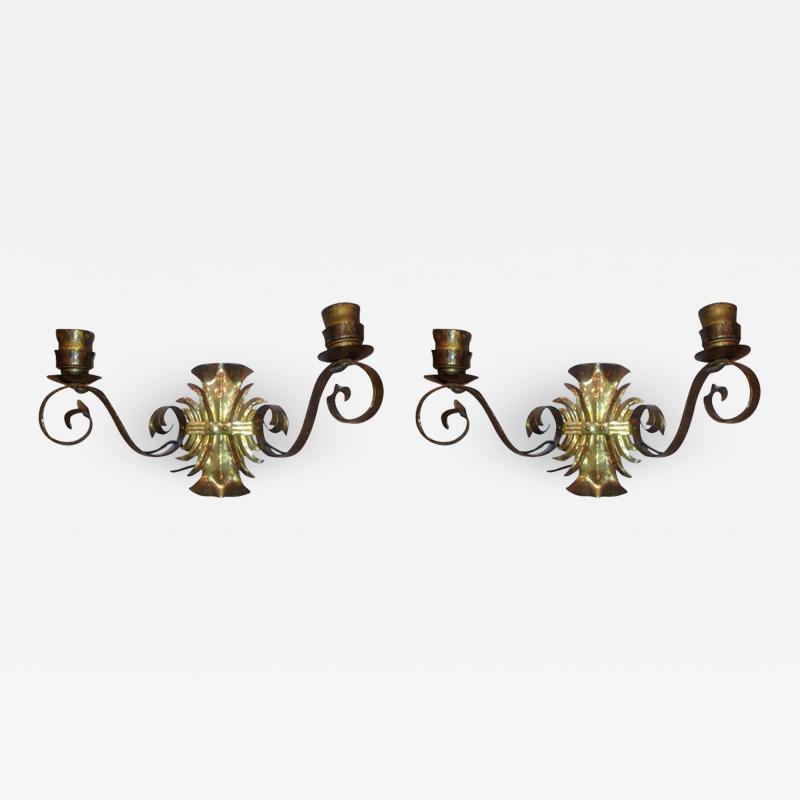 Pair of Continental German Hammered Brass Wall Sconces