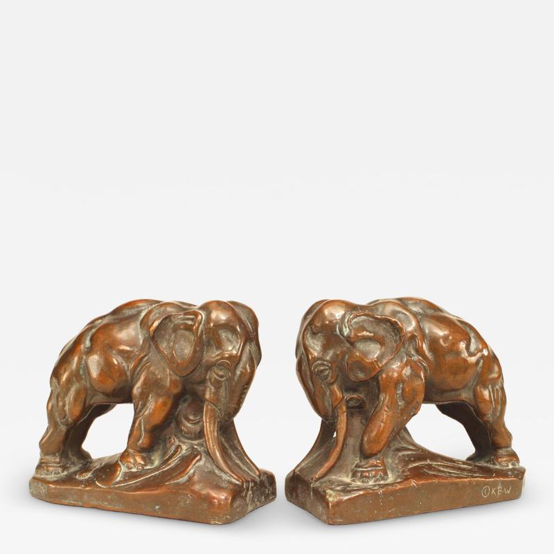Pair of Continental Patinated Copper Elephant Bookends