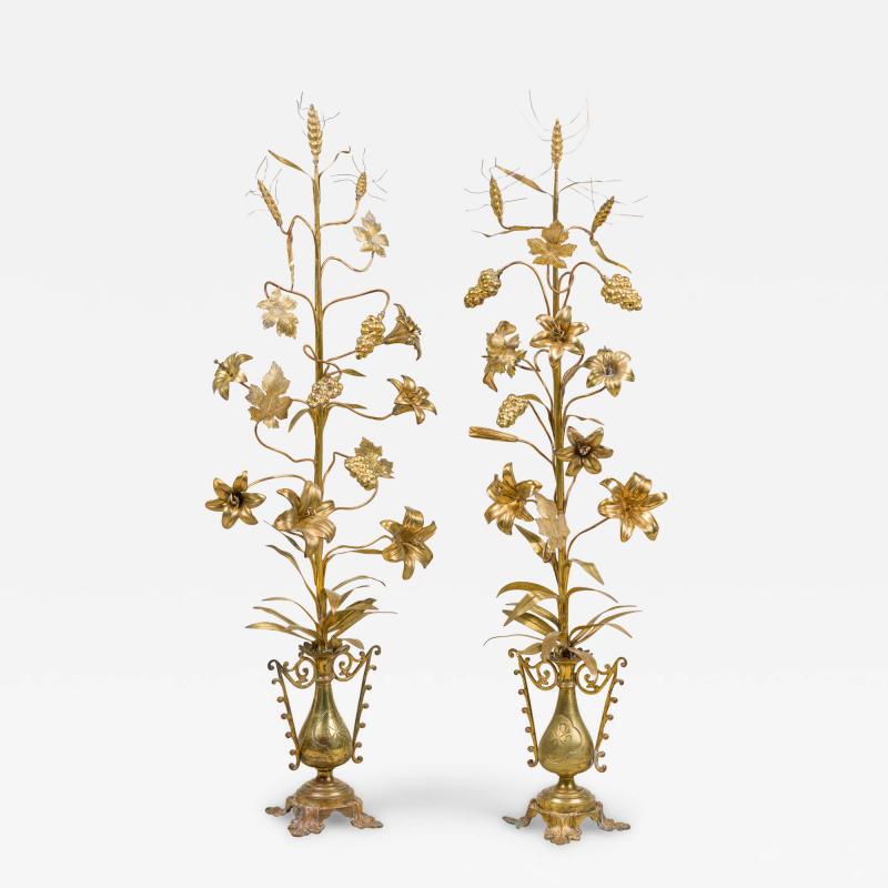 Pair of Continental Tall Vine like Brass Candelabra