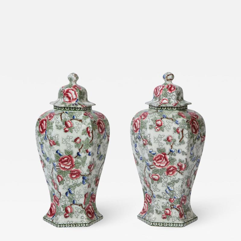 Pair of Covered Hexagonal Urns in a Chintz Pattern