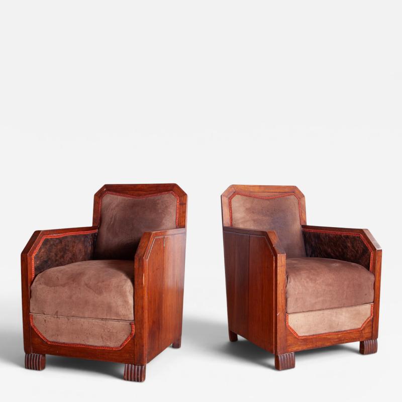 Pair of Cubist Club Chairs in Leather and Hide 1920s