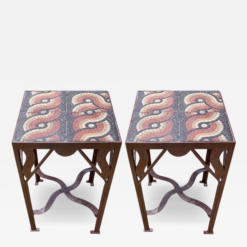 Pair of Custom Art Deco Style Tile and Fer Forge Side Tables