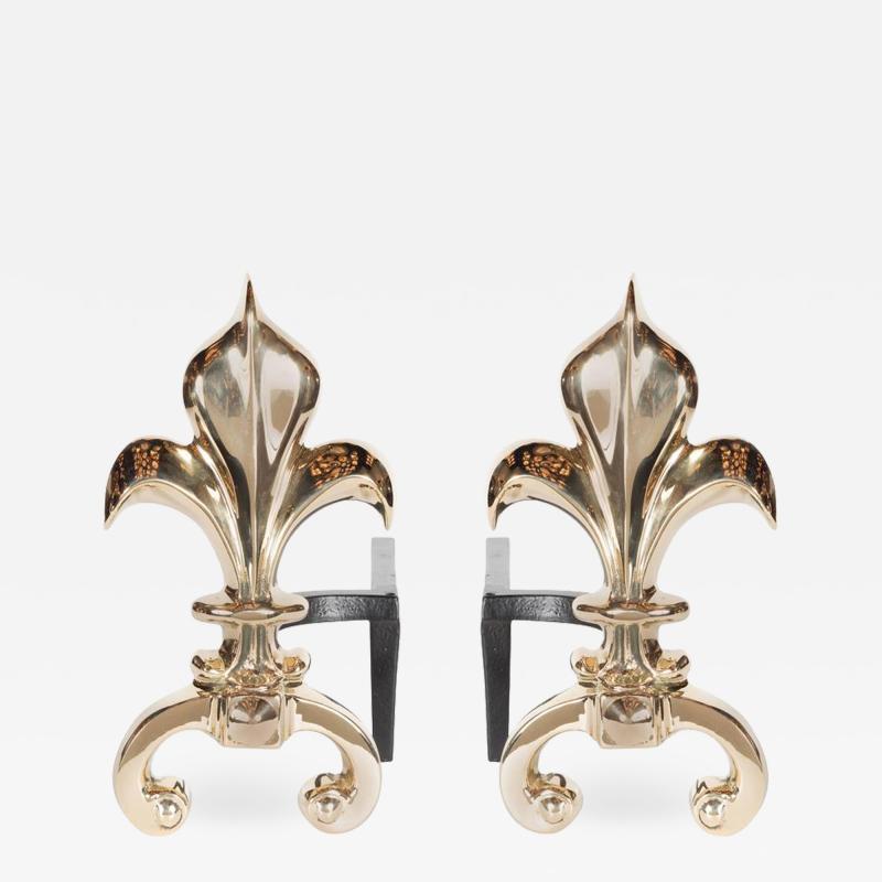 Pair of Custom Fleur de Lis Andirons in Polished Brass