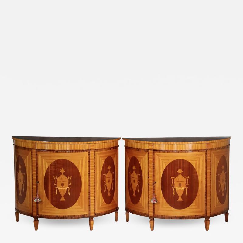 Pair of Custom George III Style Satinwood Mahogany Demilune Cabinets