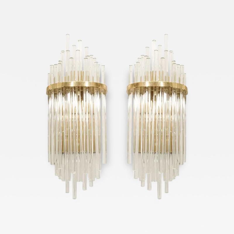Pair of Custom Large Glass Rod Sconces with Brass Frame