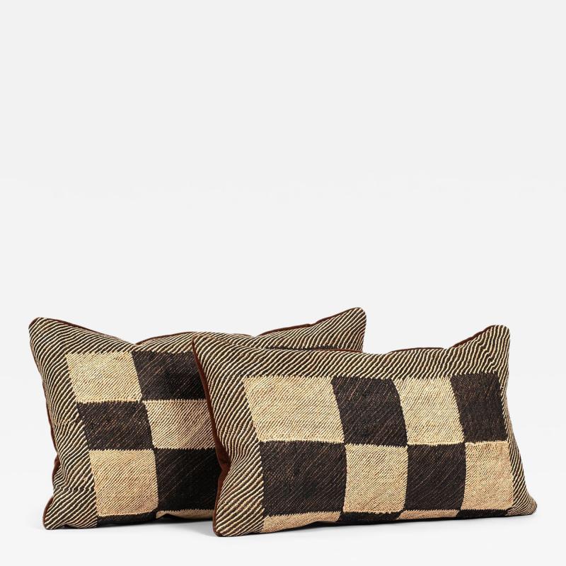 Pair of Custom Lumbar Cushions from Vintage African Kuba Cloth