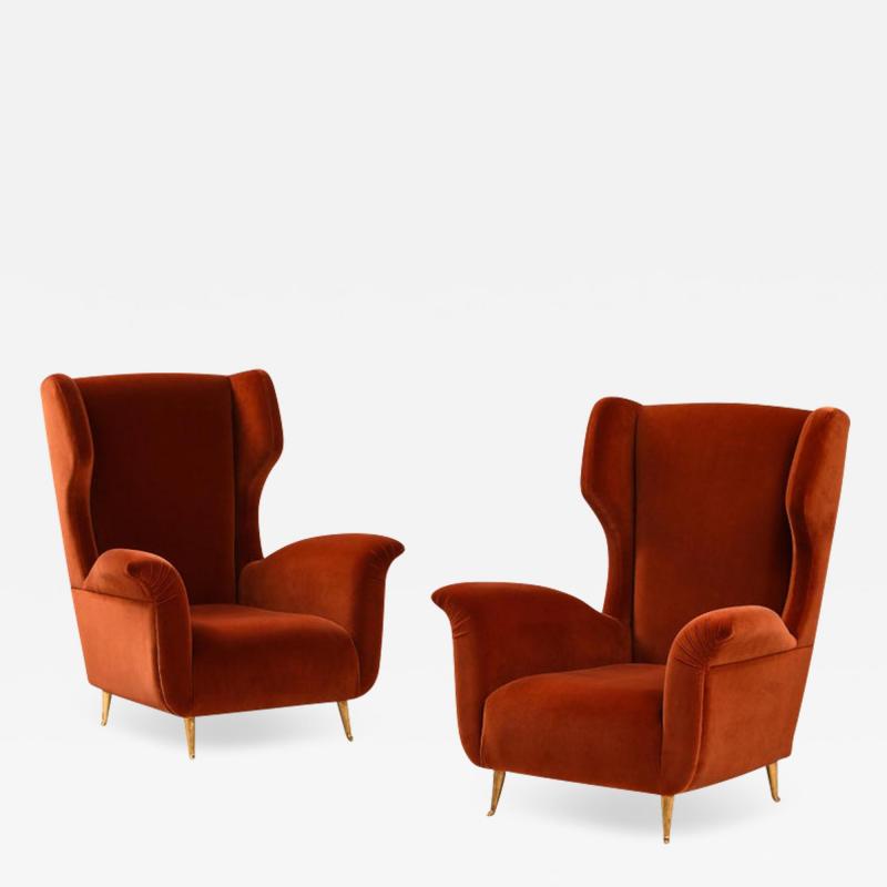 Pair of Custom Made Sculptural Lounge Chairs in Burnt Orange Red Velvet Italy