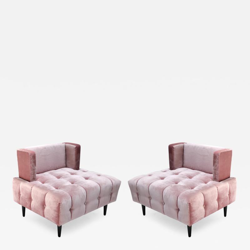 Pair of Custom Pink Silk Velvet Tufted Lounge Chairs