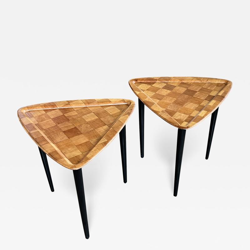 Pair of Danish 1960s parquetry guitar pick form drinks tables