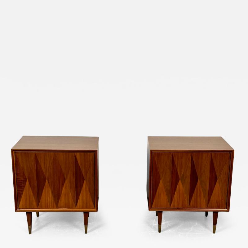 Pair of Danish Mid Century Modern Style Geometric Nightstands Walnut Brass