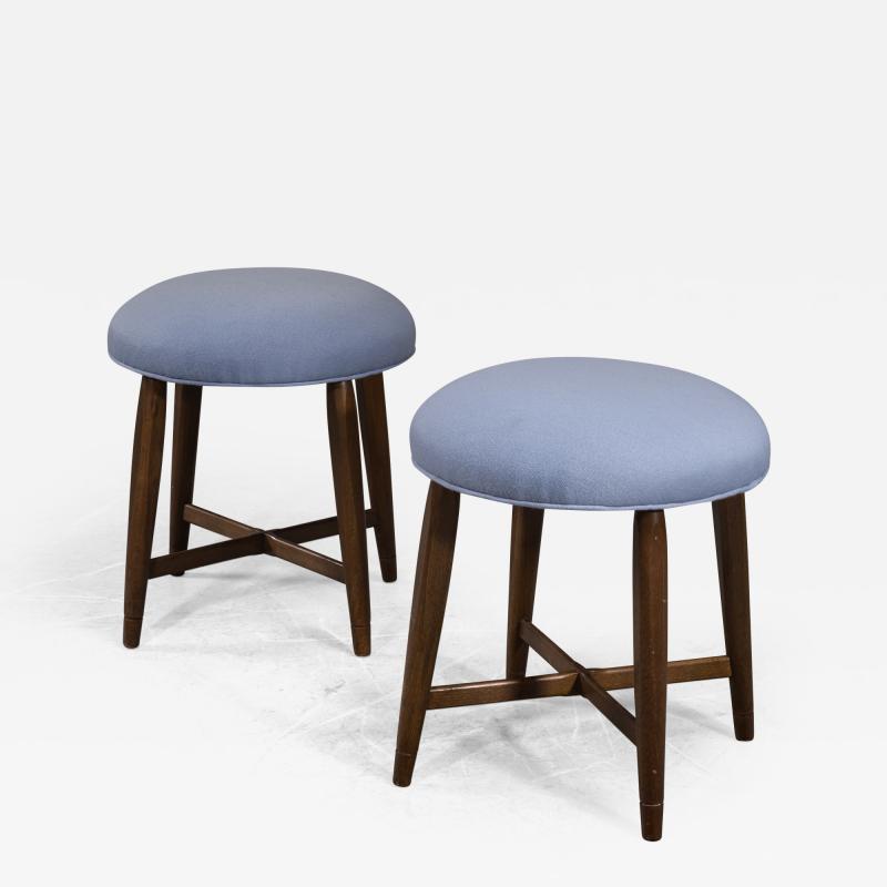 Pair of Danish Stools with Cross Frame and Blue Wool Upholstery 1940s