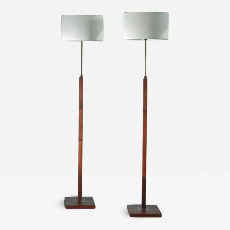 Pair of Danish height adjustable wood and brass floor lamps