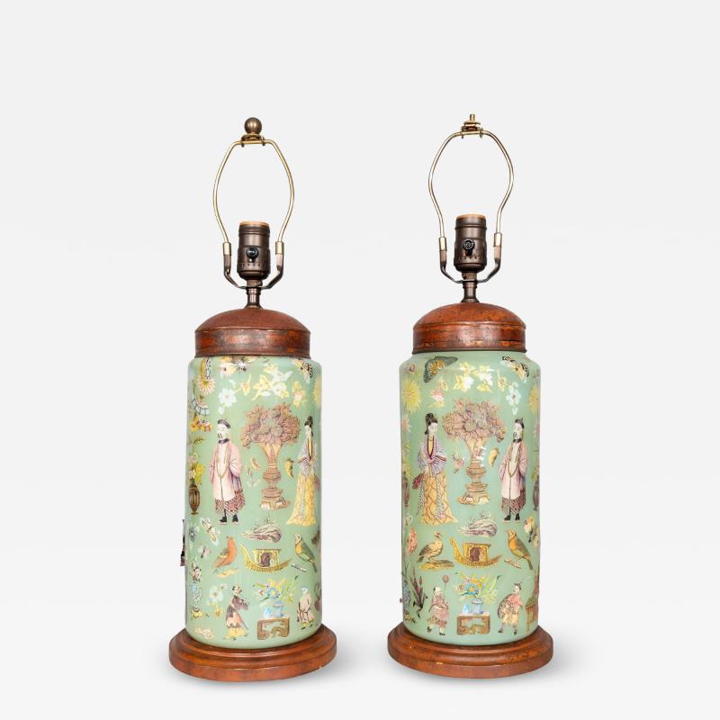 Pair of Decalcomania Glass Table Lamps