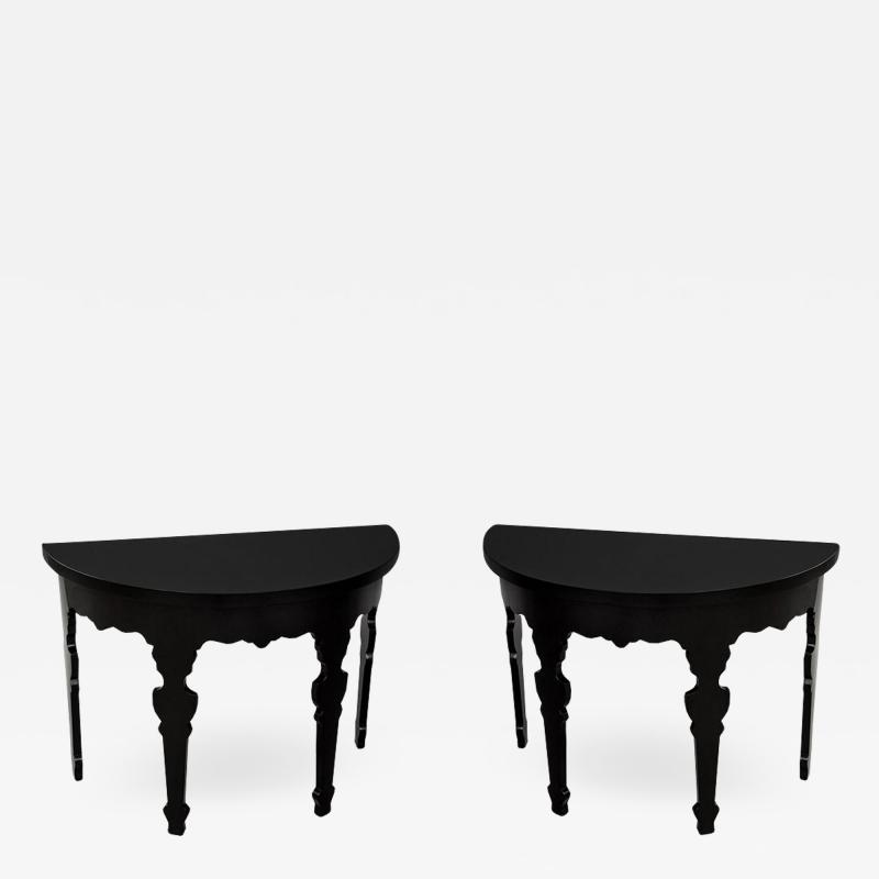 Pair of Demi lune Half Moon Console Tables in Piano Black Lacquer
