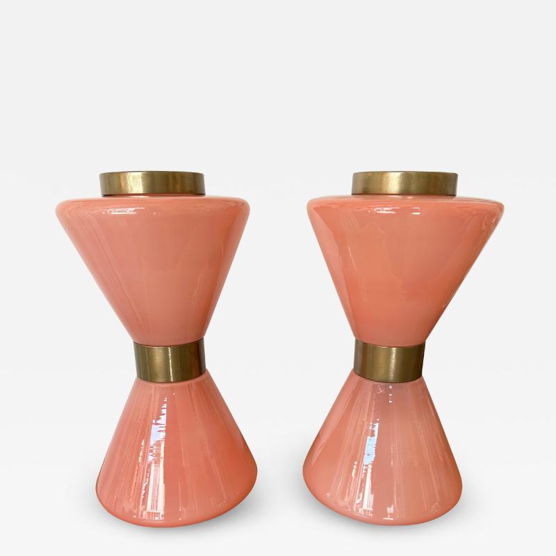 Pair of Diabolo Lamps Pink Murano Glass and Brass Italy 1970s