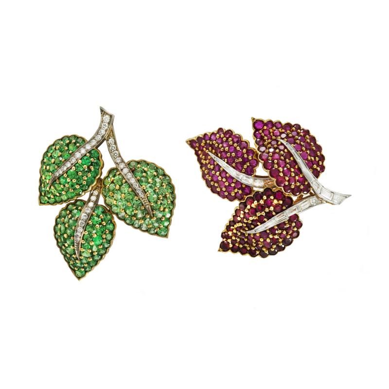 Pair of Diamonds Rubies Tsavorite Garnet Clips