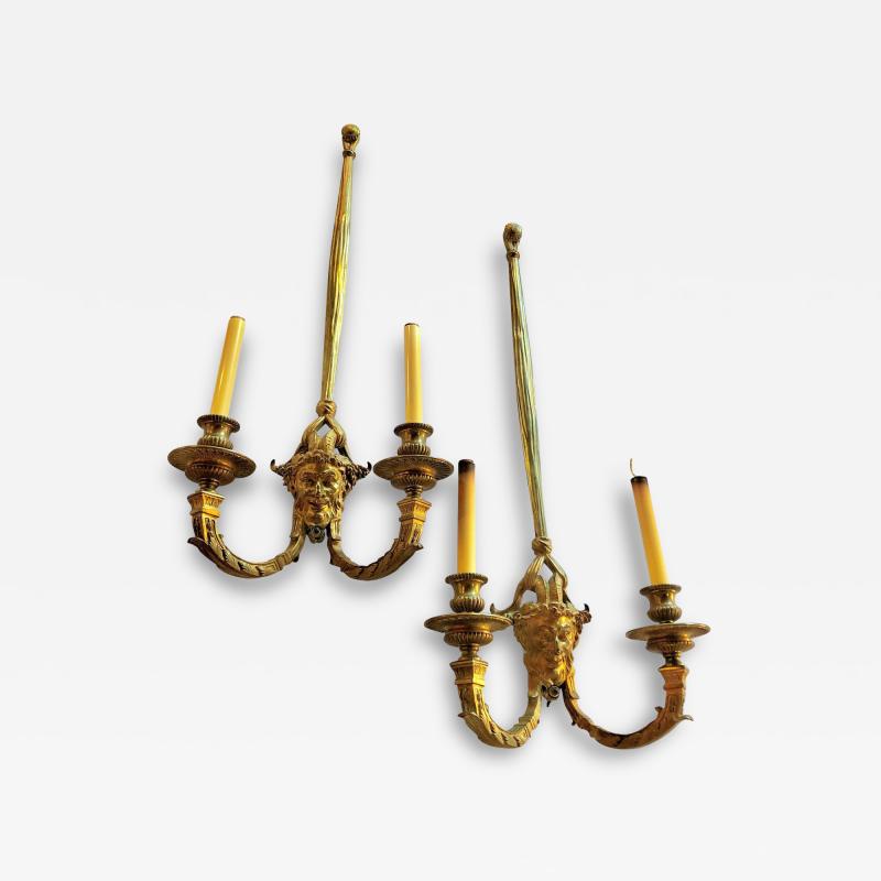 Pair of Dore Bronze Sconces Having Horned Bacchus Masks in Louis XVI Style