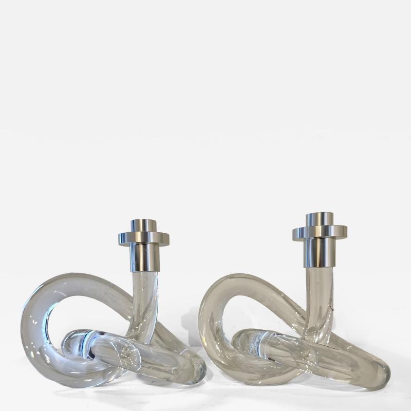Pair of Dorothy Thorpe twisted Lucite and chrome candlesticks 