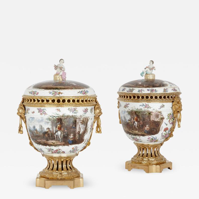Pair of Dresden porcelain and gilt bronze vases