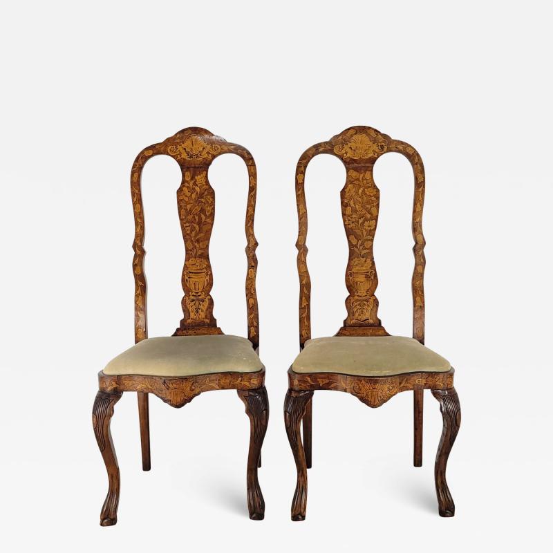 Pair of Dutch Baroque Walnut Inlaid Chairs circa 1780