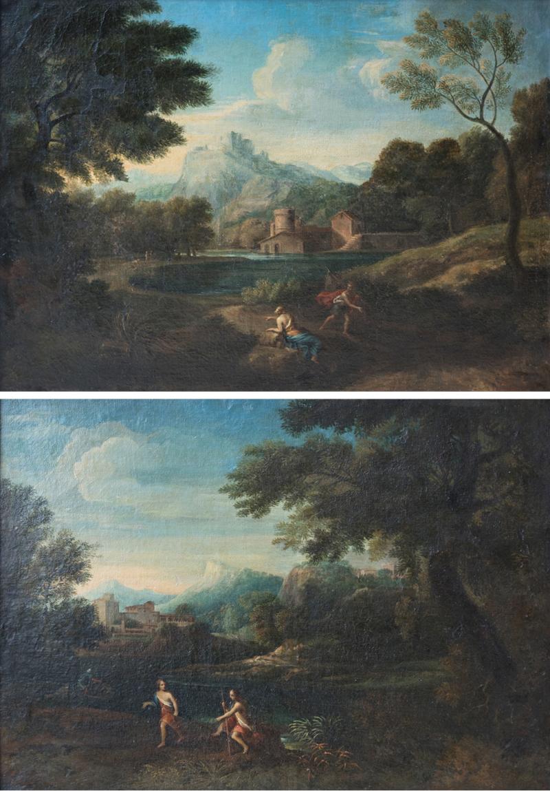Pair of Early 18th Century Allegorical Landscapes Oil on Canvas Roman School