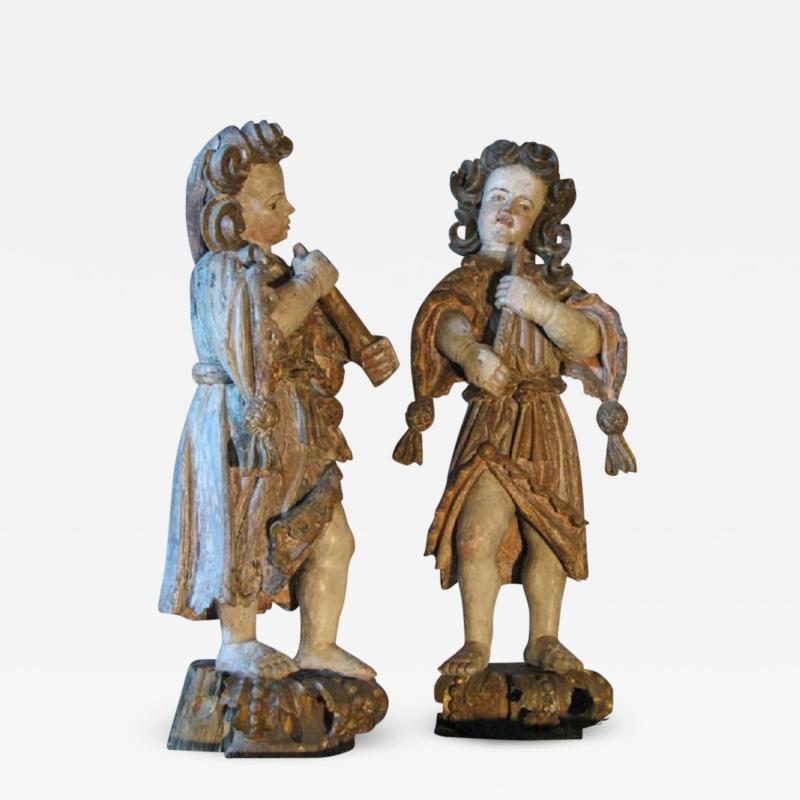 Pair of Early 18th Century Baroque Polychrome Sculptures of Musicians