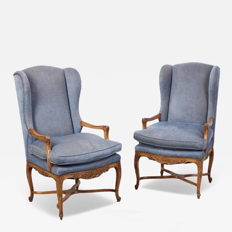 Pair of Early 19th C Style Regence French Walnut Wingback Armchairs Fauteuils