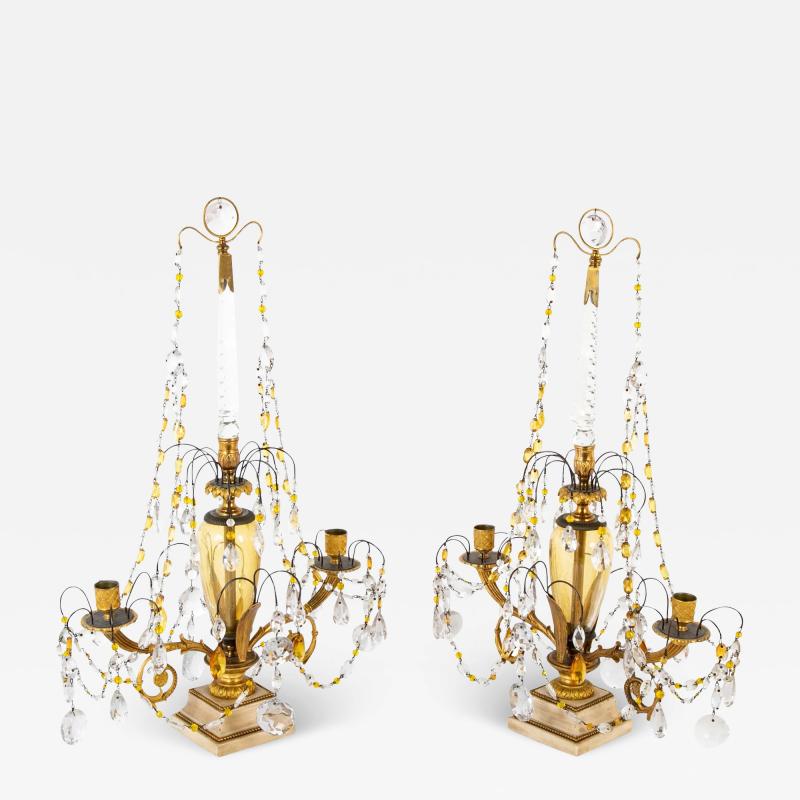 Pair of Early 19th Century Swedish Crystal Candelabra on White Marble Bases