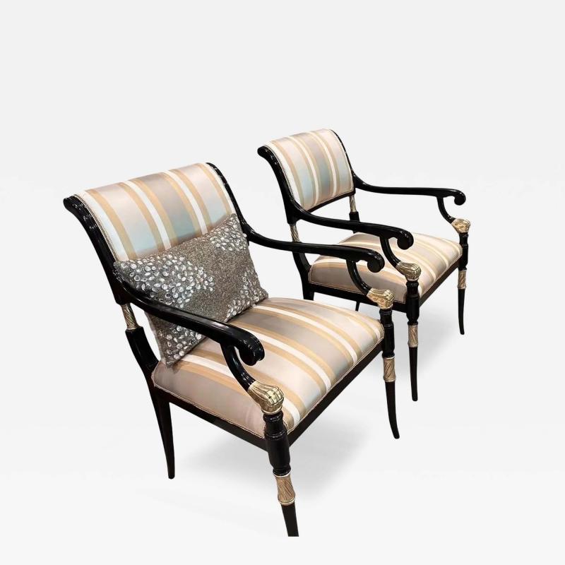 Pair of Ebanista Directoire Style Fauteuil Arm Chairs