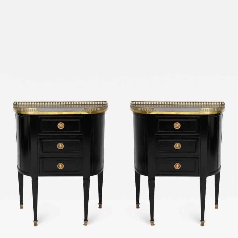 Pair of Ebonized French Marble Top Petite Commodes with Brass Gallery