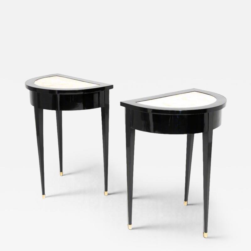 Pair of Ebonized Neoclassical Demi Lune Marble Top Consoles