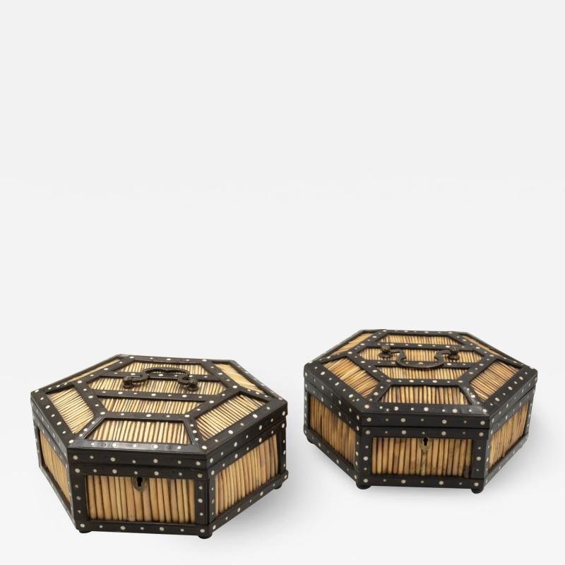 Pair of Ebony and Porcupine Quill Hexagonal Boxes