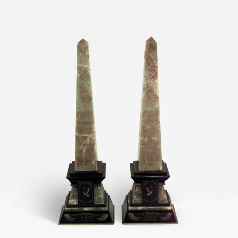 Pair of Egyptian Green Onyx and Black Marble Obelisks