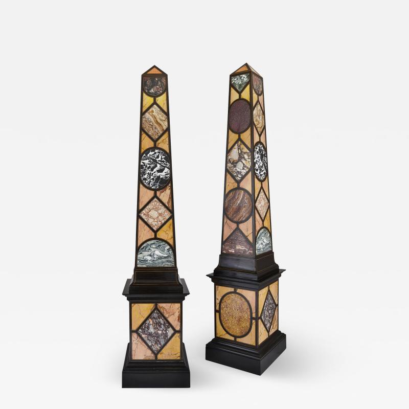 Pair of Egyptian Revival Italian specimen marble obelisks