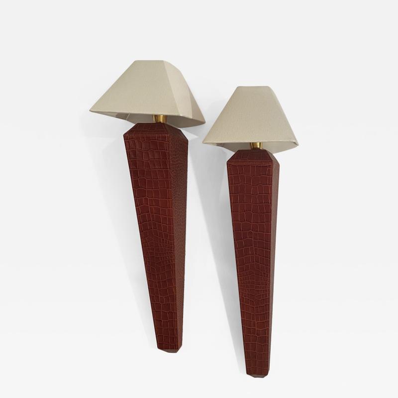 Pair of Embossed Leather Wall Sconce